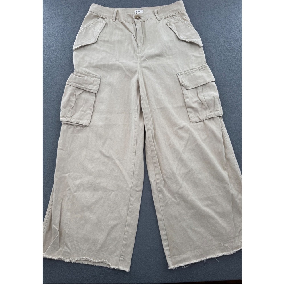 POL Cargo Pants Women L Khaki Wide Leg Raw Hem Boho Utility Festival Streetwear